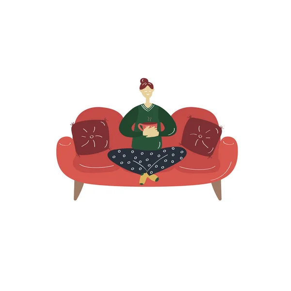 La jeune fille est assise sur le canapé en pyjama. Illustration confortable. Concept de quarantaine. Rester à la maison, prendre soin de sa santé, s'isoler. Pandémie de coronavirus, covide-19 — Image vectorielle
