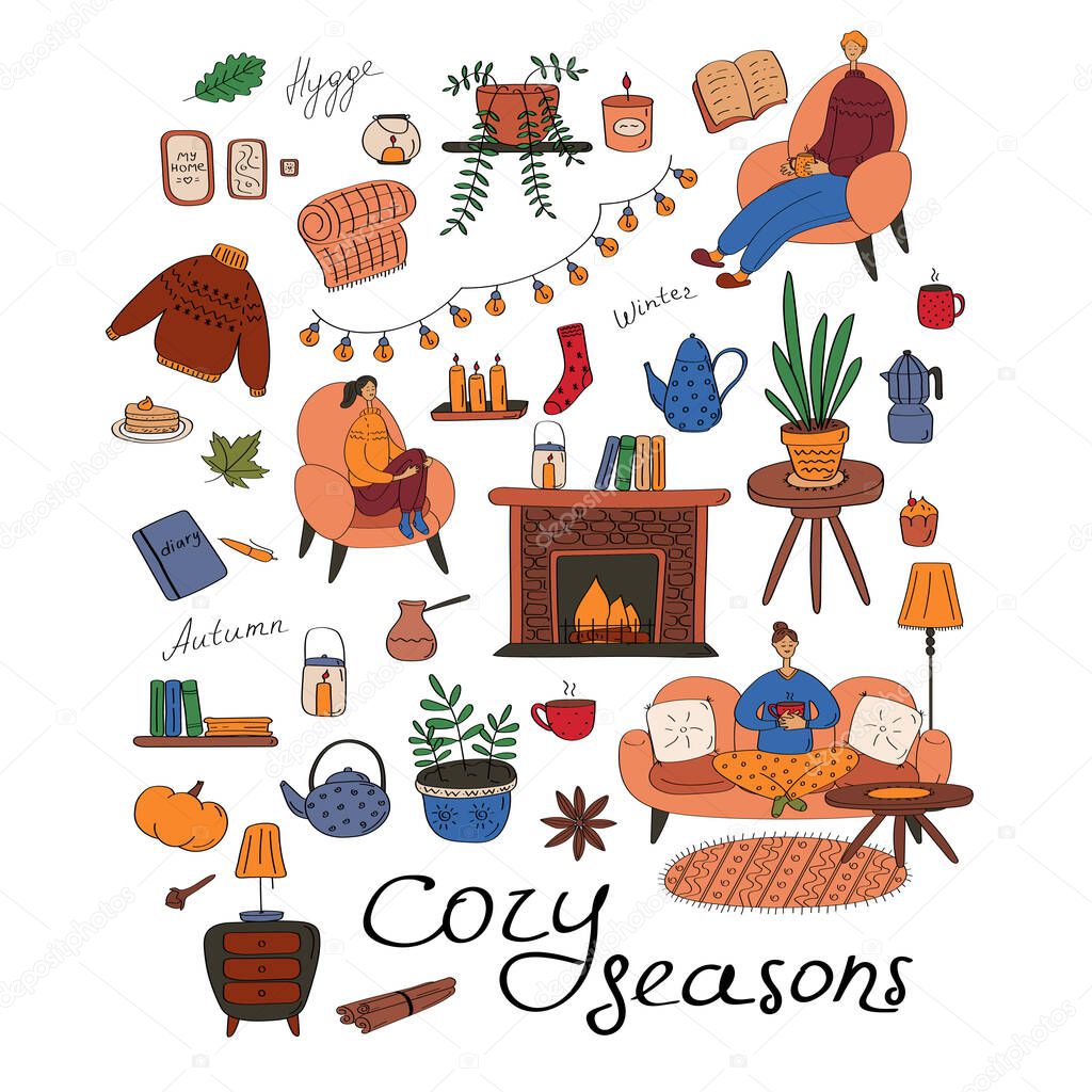 Warm and cozy set. Big collection of hygge elements. Seasonal concept. Flat vector icons