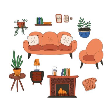 İç unsurlar. Konforlu evin ayrıntıları. Koltuk, şömine, masa, ev bitkileri. Düz elle çizilmiş vektör grafiği