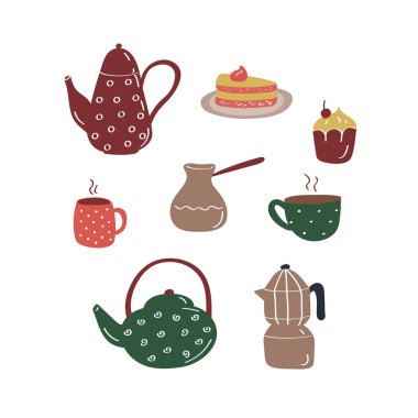Çaydanlık, çaydanlık, Türk yemeği ve gayzer kahve makinesi, kek. Şirin simge seti. Vektör düz işaretleri