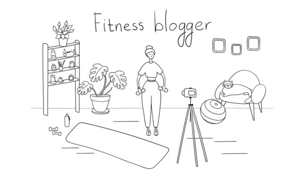 A női blogger tartalmakat rögzít a videóblogjához. Fiatal női vlogger gyakorlatokat végez. Sportnő streamelt a követőinek kamerával az állványon. Fitness és egészséges életmód koncepció — Stock Vector