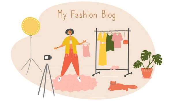 Fashion blogger. Wanita muda merekam video untuk para pengikutnya. Gadis itu memberitahu cara berpakaian dengan rapi. Ilustrasi kartun datar vektor - Stok Vektor