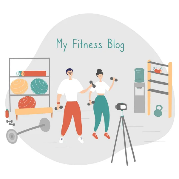 Családi fitness blog. A bloggerek tartalmakat rögzítenek a videóblogjukhoz. A sportolók háromlábú kamerával sugározzák az előfizetőiknek. Fitness és egészséges életmód koncepció. Vektor — Stock Vector