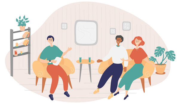 Ведущий спрашивает знаменитую пару на ТВ-шоу. Популярные интернет-звезды дают интервью телеведущему в студии вещания. Концепция онлайн канала интервью. Мультфильм-векторная иллюстрация