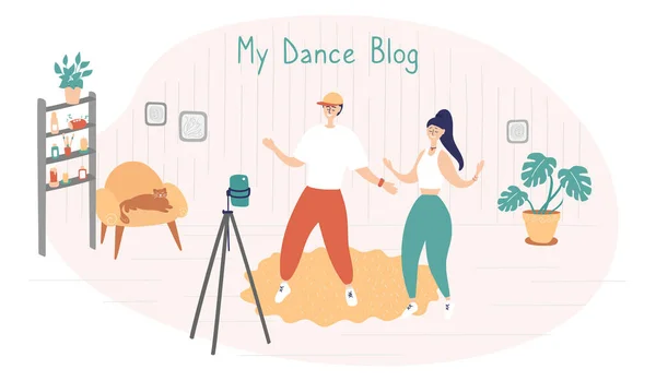 Dance stars are recording videos for their blog. TikTok Dance Challenge concept. Young man and woman learn moves with online classes and tutorials. Influencers write video blog for subscribers. Vector — Stock Vector