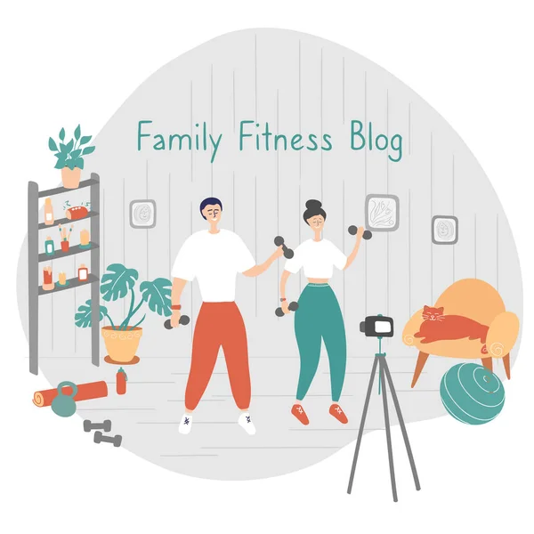 Blog di fitness. I formatori registrano video per i loro seguaci. Concetto di allenamento remoto. Gli sportivi si allenano e registrano video sulla macchina fotografica. Illustrazione vettoriale cartone animato — Vettoriale Stock