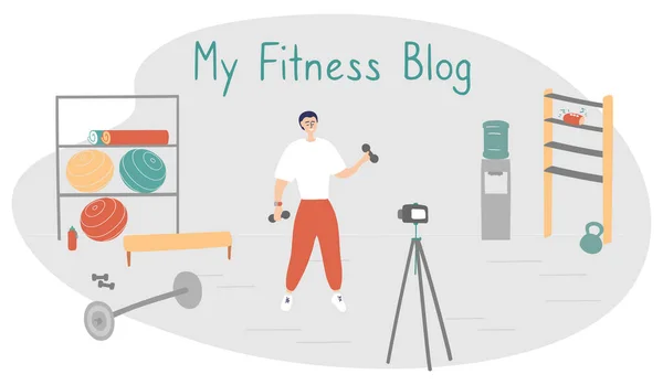 Fitness blogger. Jongeman neemt video op. Sportman toont oefeningen op blog. Internet Star zendt live uit voor zijn volgers. Vector illustratie in cartoon stijl — Stockvector