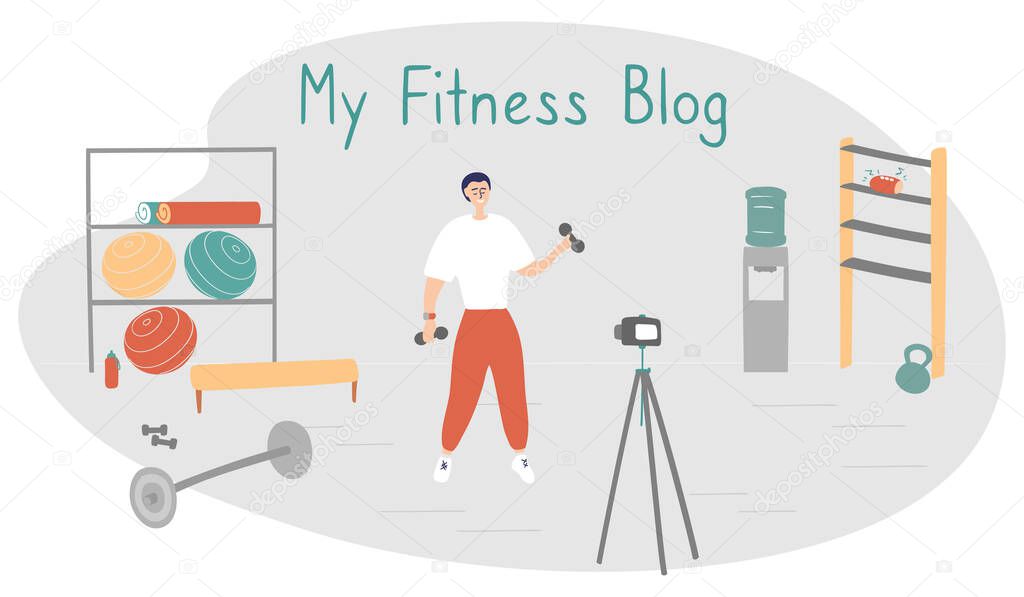 Fitness blogger. Young man records video. Sportsman shows exercises on blog. Internet star is broadcasting live for his followers. Vector illustration in cartoon style