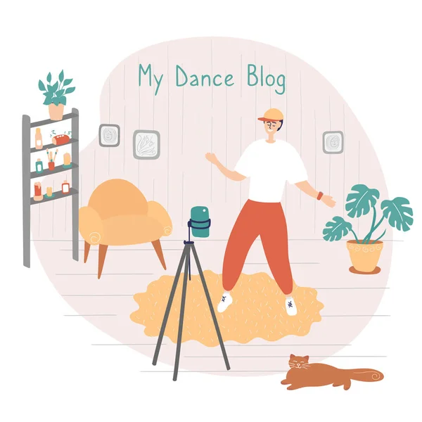 Dance star is recording video for his blog. Dance Challenge concept. Young man learning moves with online classes and tutorials. Male influencer writes video blog for subscribers. Vector illustration — Stock Vector