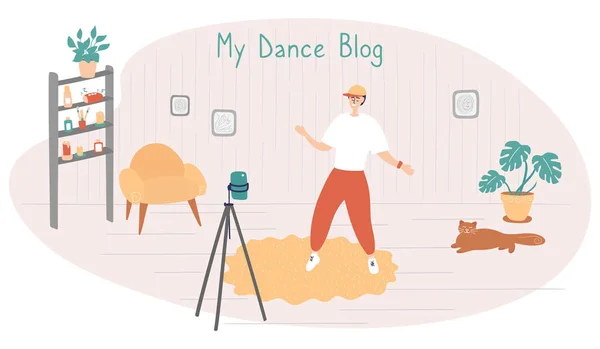 Jovem blogueiro. A bailarina está a dançar à frente da câmara. Guy grava vídeos engraçados para redes sociais. Ilustração desenhada à mão vetorial em estilo cartoon — Vetor de Stock