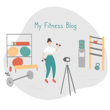Spor blogcusu. Sporcu kadın takipçiler için video bloğu yayınlıyor. Sporcu aboneleri için egzersiz videoları kaydediyor. Uzaktan antrenman konsepti. Çizgi film vektör illüstrasyonu