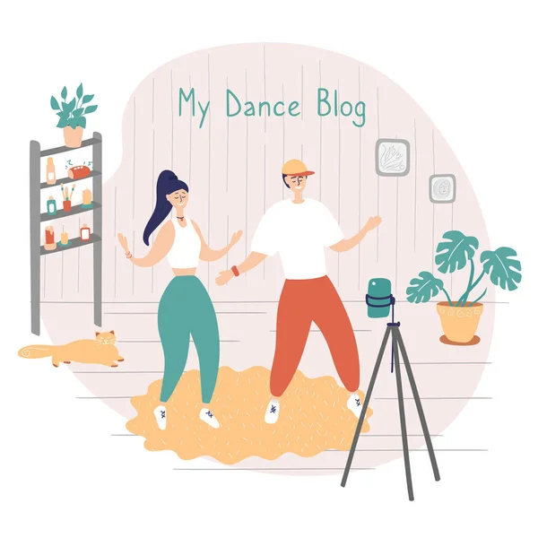 Dance stars are recording videos for their blog. Dance Challenge concept. Young man and woman learn moves with online classes and tutorials. Influencers write video blog for subscribers. Vector image — Stock Vector