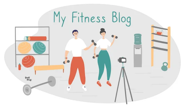 Blog de fitness familiar. Los bloggers están grabando contenido para su video blog. Los atletas están transmitiendo a sus suscriptores con cámara en el trípode. Concepto de fitness y estilo de vida saludable. Vector Ilustración de stock