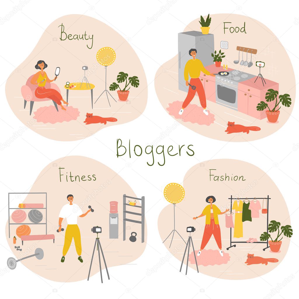 Set of different people on internet videos. Beauty, food, fitness, fashion blogger. Cosmetics Reviews. Cooking Blog. Sport video. Artist Tutorials Vlog. Stylist advice. Vector illustration