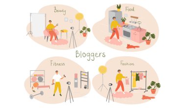 İnternet içeriği oluşturan bir grup erkek blogcu ve video kaydedicisi. Erkekler blogları için video yaratıyorlar. Vlog çeken nüfuzlu kişiler. Vektör çizgi film illüstrasyonu