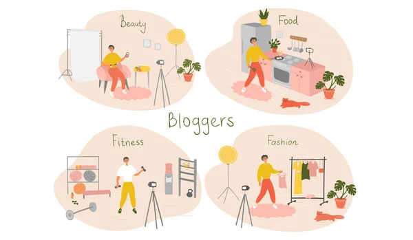 Conjunto de blogueros masculinos y vloggers personajes haciendo contenido de Internet. Hombres creando video para su canal de blog. Influenciadores disparando vlog. Dibujos animados vectoriales ilustración Gráficos vectoriales