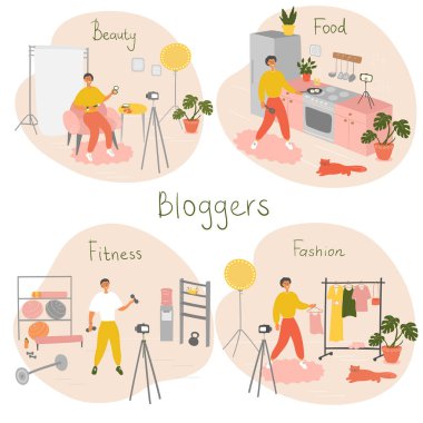 İnternet içeriği oluşturan blog yazarları ve vlog yazarları. İnsanlar blog kanalı için video oluşturuyorlar. Vlog çeken nüfuzlu kişiler. Vektör çizgi film illüstrasyonu