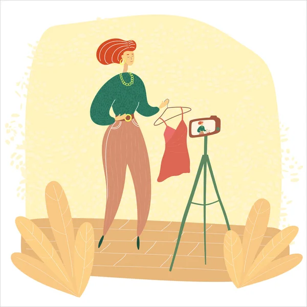 Fashion blogger shooting vlog. Stylist record video. Vogue content creation. Colored modern illustration for social media, magazines, publications, blog, posts — Stock Vector