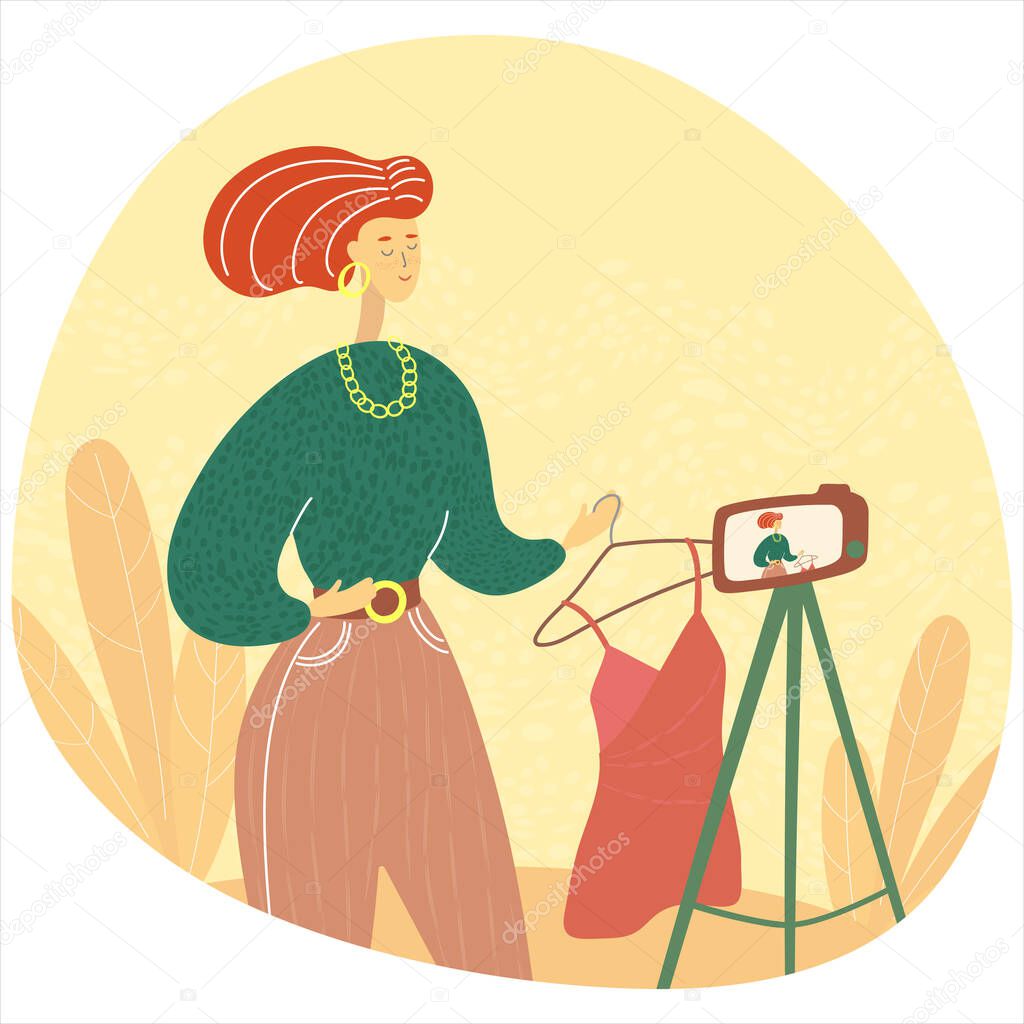 Character creating video for blog or vlog review. Fashion blogger presenting modern garments. Stylist showing stylish trendy clothing. Flat isolated illustration