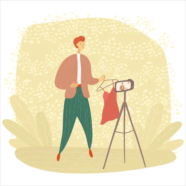 Male blogger records a video. Fashion blogger shoots vlog for followers. Influencer makes content for his internet channel. Beauty and lifestyle internet blog — Stock Vector