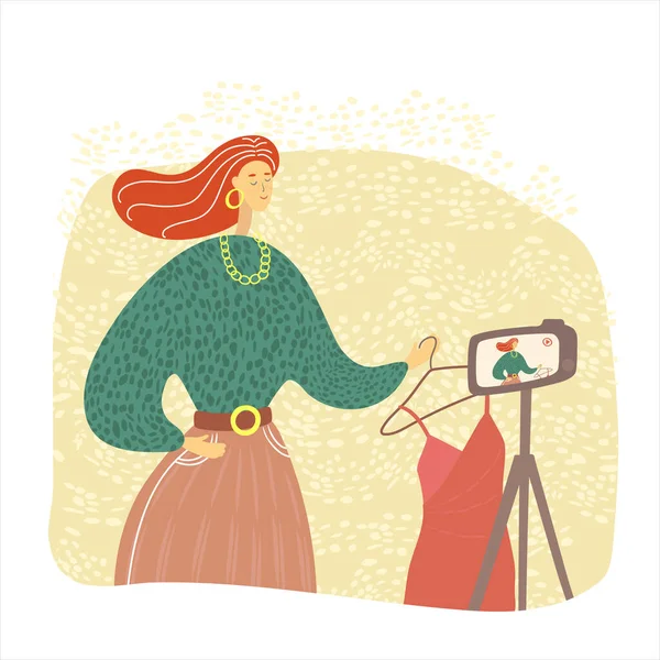 Beautiful female blogger recording a video. Fashion blogger shooting a vlog for followers. Influencer makes content for her internet channel. Beauty and lifestyle — Stock Vector