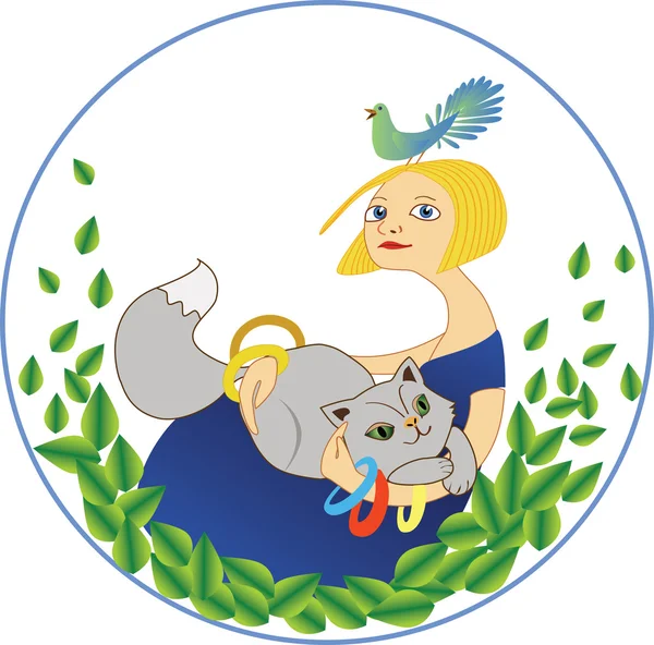 Meisje met een kat en een vogel — Stockvector