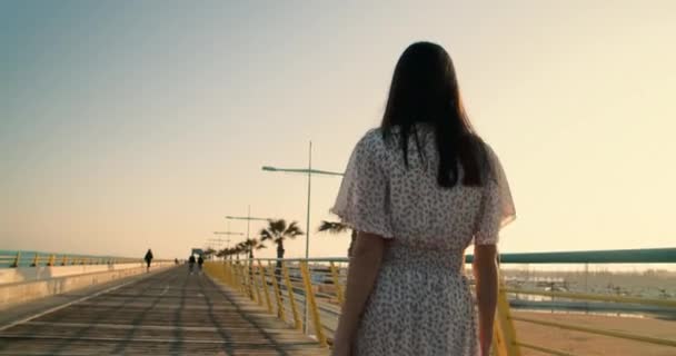 Mujer joven en vestido caminando a lo largo del terraplén en el día de verano en la puesta del sol — Vídeo de stock