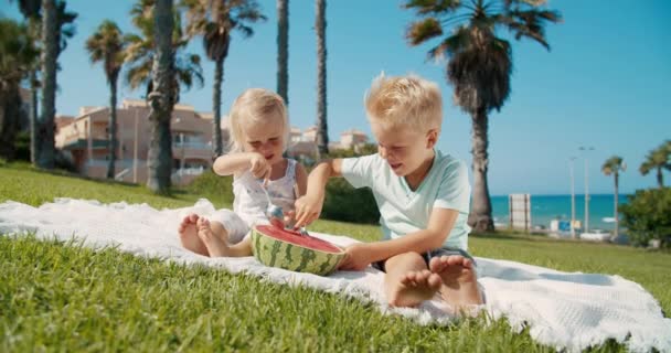 Duas crianças felizes comendo frutas de melancia no parque com vista para o mar no verão ensolarado — Vídeo de Stock