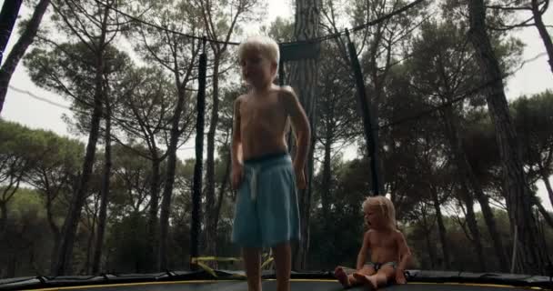 Los niños se divierten en trampolín bebé niño está saltando su hermana está sentada — Vídeo de stock