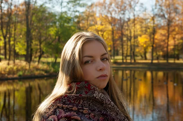 Meisje met blond haar op achtergrond van gele herfst bomen — Stockfoto