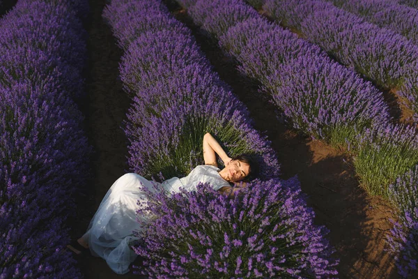 Mulher Vestido Branco Que Põe Flores Lavanda Campo — Fotografia de Stock