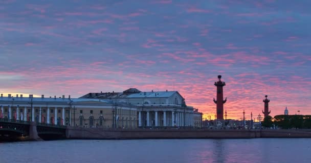 Russie, Saint-Pétersbourg, 19 mai 2016 : Timelapse de la surface de l'eau de la rivière Neva au coucher du soleil, miroir d'eau, réflexions, Birzhevoy, Dvorcovy, pont du Palais, bâtiment de la Bourse, colonnes Rastralnye — Video