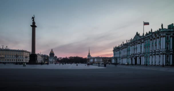 Russia, Saint-Petersburg, 23.03.2016: Timelapse 4K of Palace Square in winter, Alexander Column, Winter Palace, Admiralty, night illumination — Stock Video