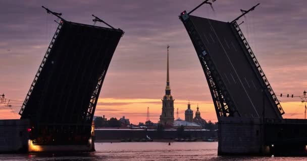 Russie, Saint-Pétersbourg 29 juin 2016 : Ouvre le pont Palace sur le fond de la forteresse Pierre et Paul, Petropavlovskaya, navigation nautique, sinrise, pic d'or, ange, église, vidéo 4k time-lapse, effet de zoom — Video