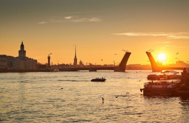 Rusya, Saint-Petersburg, 03 Temmuz 2016: Kapanış, Palace Bridge, gündoğumu, Peter ve Paul Fortress Spike turuncu gökyüzü, Rostral colomn, gemiler, tekneler, başlayarak, trafik, 