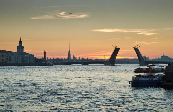 Rusya, Saint-Petersburg, 03 Temmuz 2016: Kapanış, Palace Bridge, gündoğumu, Peter ve Paul Fortress Spike turuncu gökyüzü, Rostral colomn, gemiler, tekneler, başlayarak, trafik, 