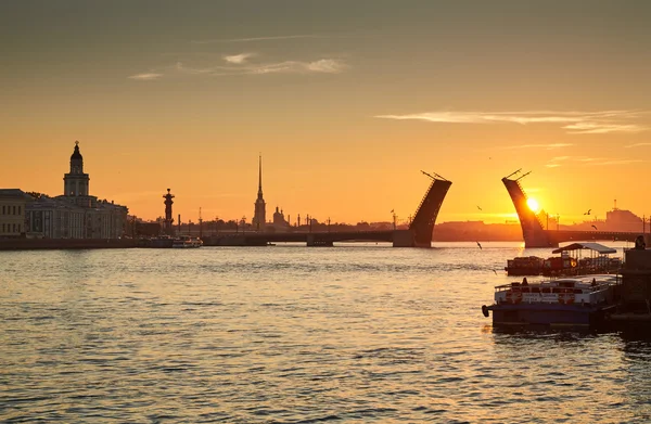 Rusya, Saint-Petersburg, 03 Temmuz 2016: Kapanış, Palace Bridge, gündoğumu, Peter ve Paul Fortress Spike turuncu gökyüzü, Rostral colomn, gemiler, tekneler, başlayarak, trafik, 