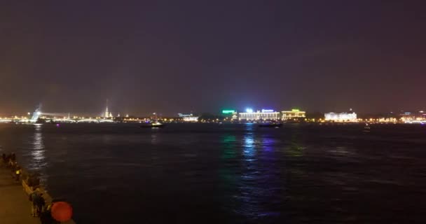 Russia, Saint-Petersburg, 16 July 2016: Time-lapse of return the Cruiser the Aurora to the place of eternal parking at the Nakhimov Naval sea School after the reconstruction, a lot of observing people — Stock Video