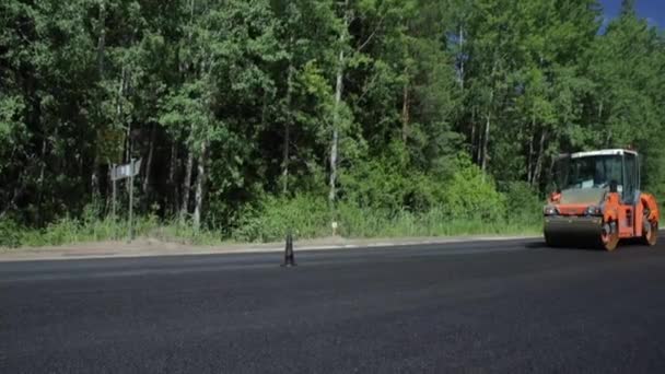 Russia, St.Petersburg, 28 June 2019: Laying of the new asphalt, special cars, skating rink, the road in the wood, forest, green trees, sunny day — Stock Video