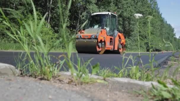 Russia, San Pietroburgo, 28 giugno 2019: posa della nuova asfalto, auto speciali, pista di pattinaggio, la strada nel bosco, foresta, alberi verdi, giornata di sole — Video Stock