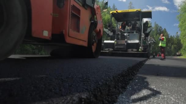 Oroszország, Szentpétervár, 2019. június 28.: Az új aszfalt, speciális autók, korcsolyapálya, az út az erdőben, erdő, zöld fák, napsütéses nap, munkások, az autó halom új aszfalt — Stock videók