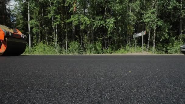 Russia, San Pietroburgo, 28 giugno 2019: posa della nuova asfalto, auto speciali, pista di pattinaggio, la strada nel bosco, foresta, alberi verdi, giornata di sole — Video Stock