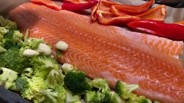 Velký kus červeného rybího filé leží na kovovém roštu, zelenina připravená k uzamčení, brokolice, červený sladký pepř, Ryby poseté kořením — Stock video