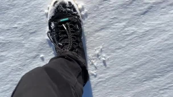 Mans μαύρες μπότες πάει στο χιόνι σε ένα σαφές παγωμένο ηλιόλουστο καιρό, μπότες αποτύχει κατά τη διάρκεια του χιονιού, μπότες με κορδόνια, παντελόνι μαύρο χρώμα, η πάνω όψη, αργή κίνηση, κοντά — Αρχείο Βίντεο