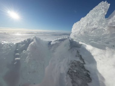 Güneşli kış gününde buz yamaçları, şeffaf mavi renkli buz, saf mavi gökyüzü, uzun gölgeler, saf karla kaplı bakir toprak, kar çığlıkları, 
