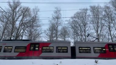 Rusya, St.Petersburg, 12 Mart 2021: Rus demiryolu şirketi RZD 'nin yolcu elektrikli treni, karla kaplı ahşap, demiryolu, elektrik kabloları.