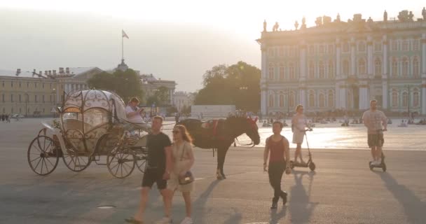 Russia, St.Petersburg, 09 June 2020: The harnessed carriage is on Palace Square at sunset, the Alexandria column and the Winter Palace on a background, it is a lot of tourists, long shadows of objects — Stock Video
