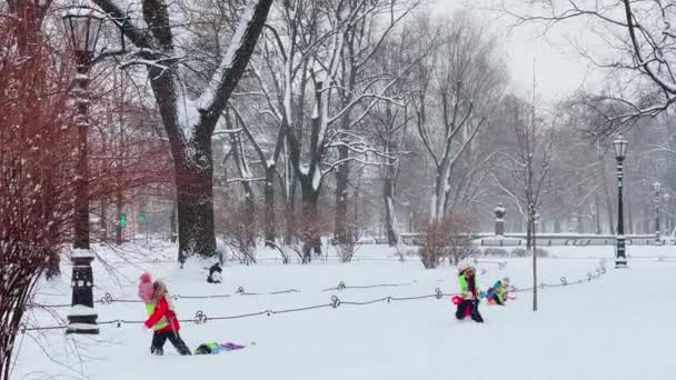 Rússia, São Petersburgo, 03 de fevereiro de 2021: O grupo de crianças brinca alegremente no parque coberto de neve com a supervisão dos tutores, cada criança está vestida com um colete refletor, está nevando — Vídeo de Stock