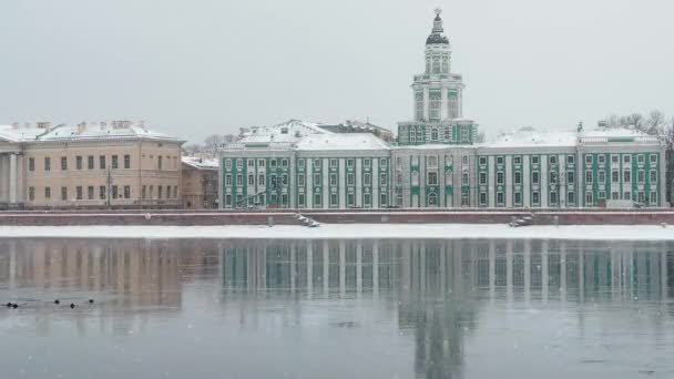 Paisagem de inverno improvável do dique coberto de neve de São Petersburgo, Museus de Antropologia e Etnografia de Pyotr grande a Academia russa de Ciências, gabinete de curiosidades — Vídeo de Stock