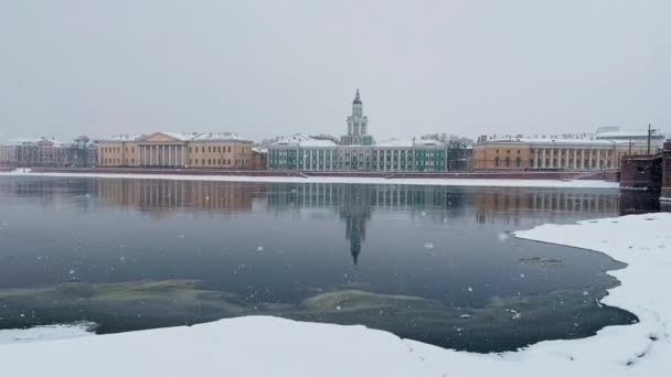 Paisagem de inverno improvável do dique coberto de neve de São Petersburgo, Museus de Antropologia e Etnografia de Pyotr grande a Academia russa de Ciências, gabinete de curiosidades — Vídeo de Stock